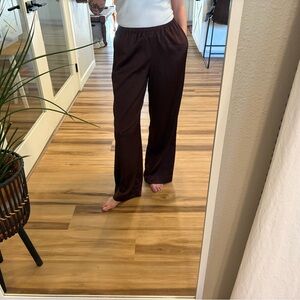 Brown Faux Silk Wide-Leg Pants